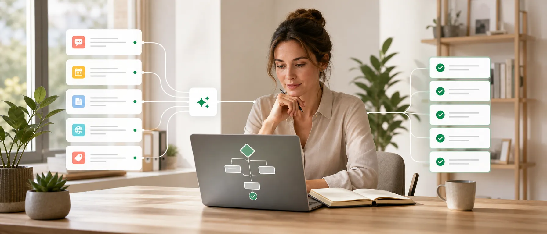 Funcionária concentrada numa tarefa importante enquanto processos automáticos tratam do trabalho repetitivo