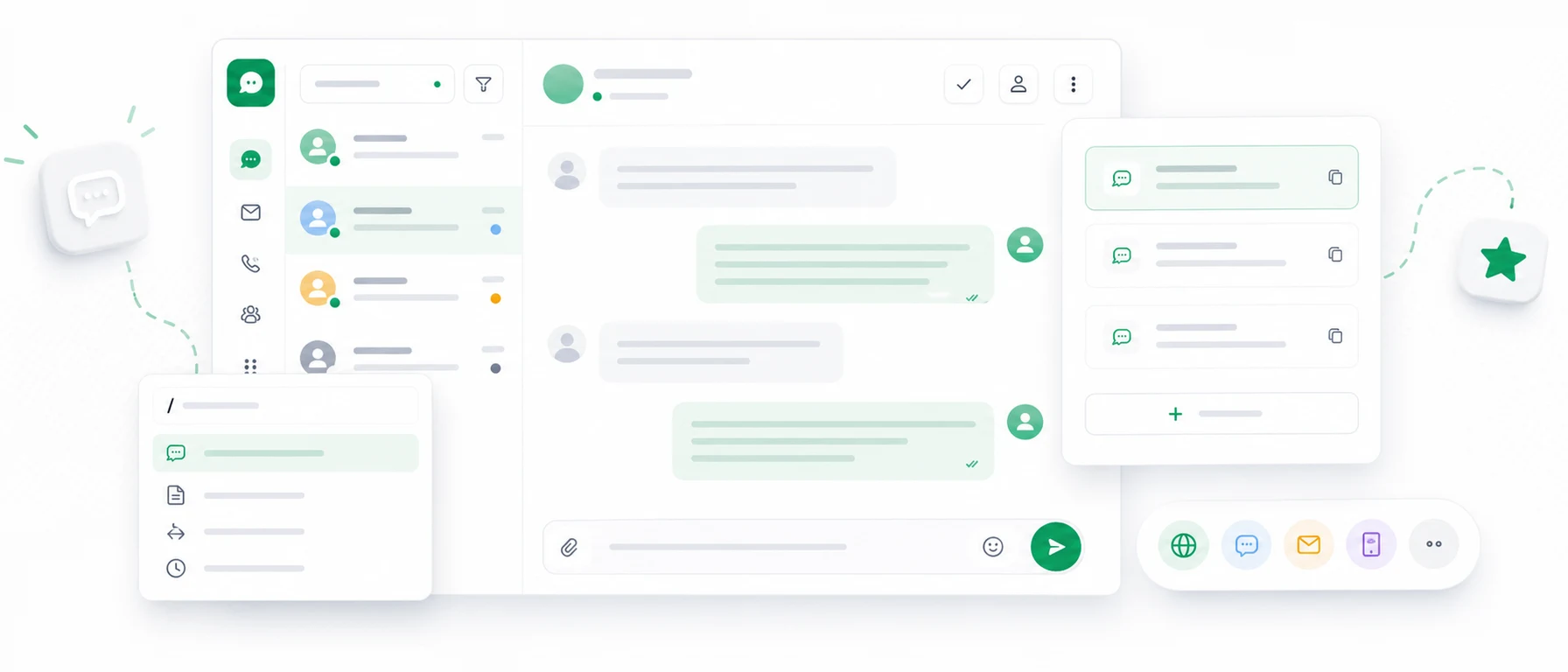 Live chat inbox with saved reply templates, quick response commands and a customer conversation