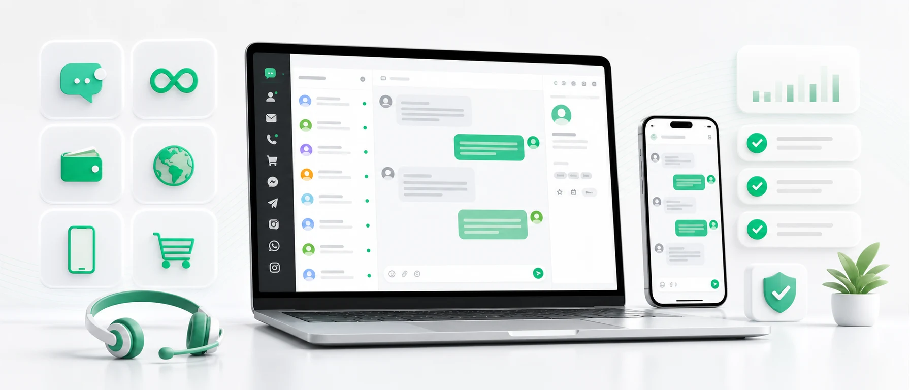 Free live chat with no message limits shown as an inbox dashboard, mobile app and customer support channels