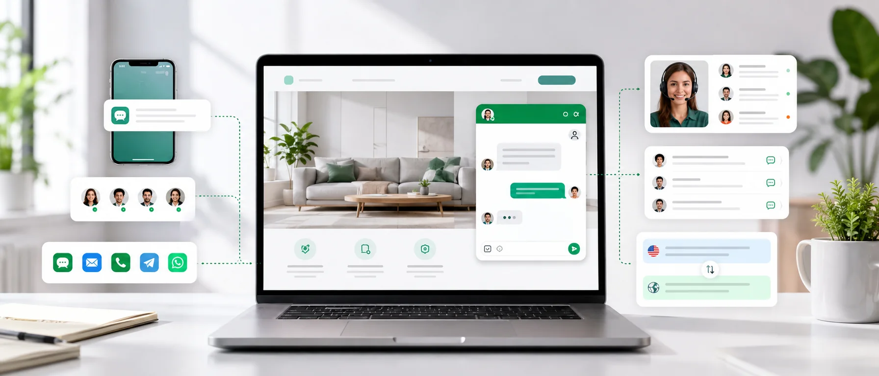 Live chat for a website connected to a customer support inbox, mobile phone and multiple messaging channels