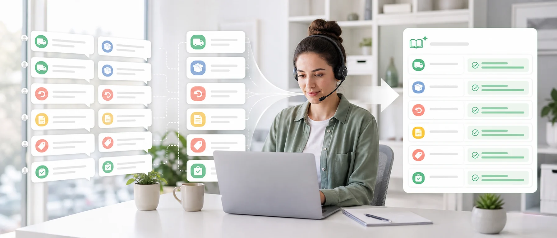 Customer support specialist organizing repeated questions about delivery, returns, invoices and availability into reusable answers