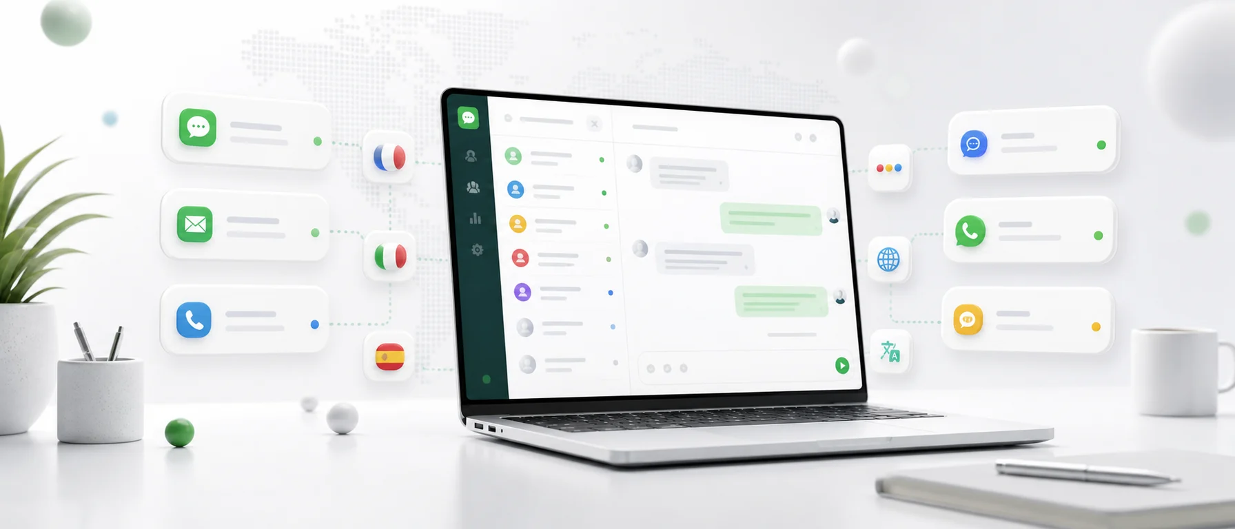صندوق وارد لدعم العملاء يعرض رسائل من فرنسا وإيطاليا وإسبانيا مع ترجمة تلقائية للمحادثات