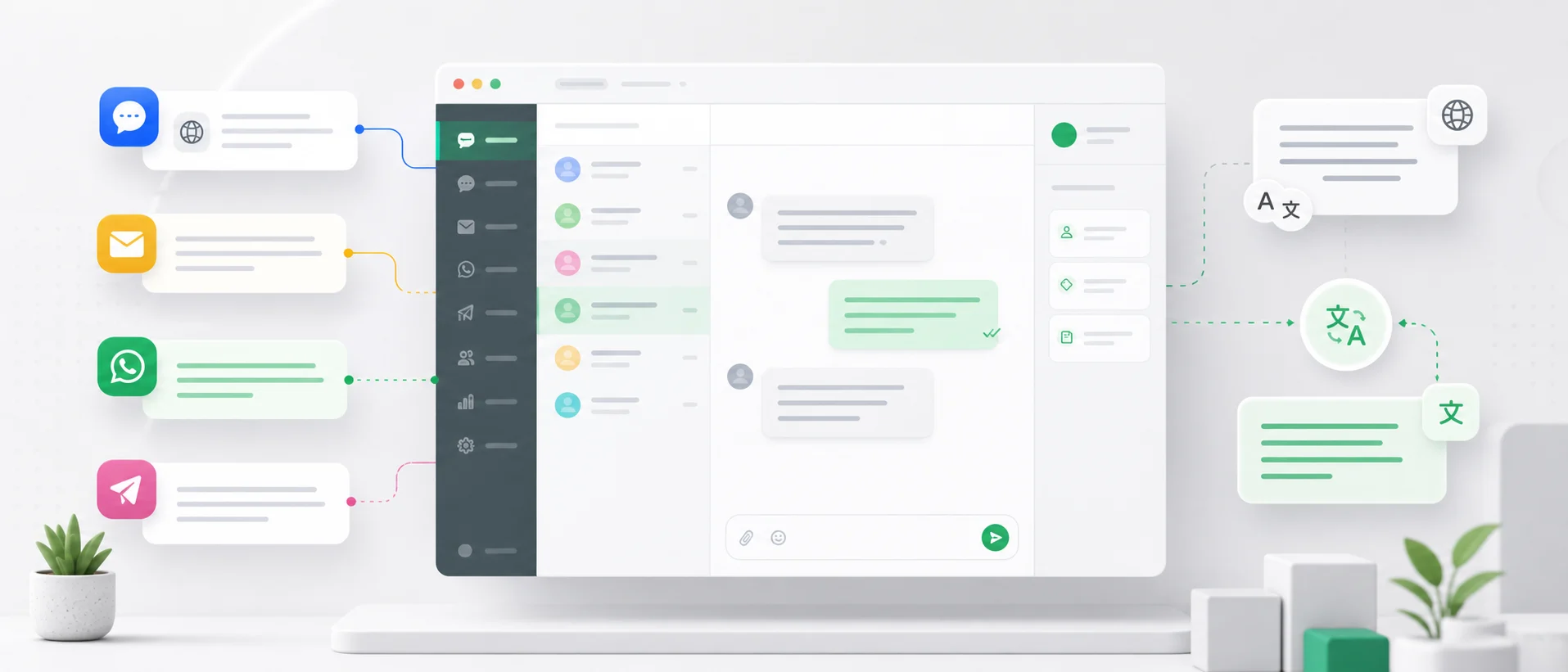 Inbox omnichannel con chat web, email, canali di messaggistica e traduzione automatica