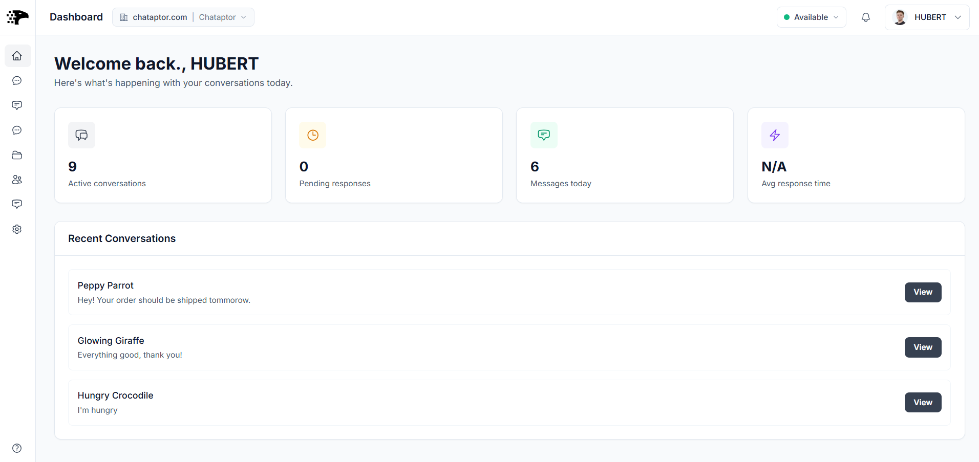 Dashboard panelu agenta Chataptor